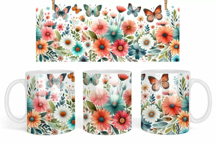 Boho Flowers mug design, Watercolor Butterflies Floral Mug