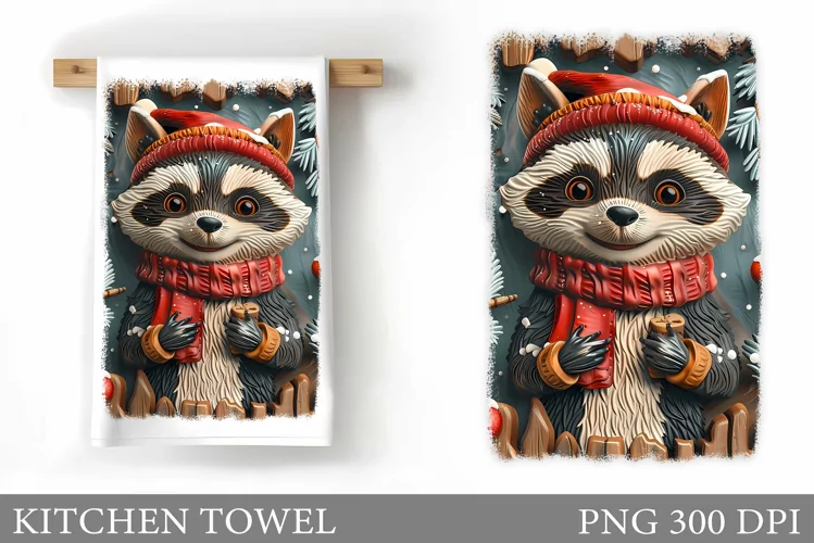 3D Raccoon Kitchen Towel. Christmas Raccoon Kitchen Towel