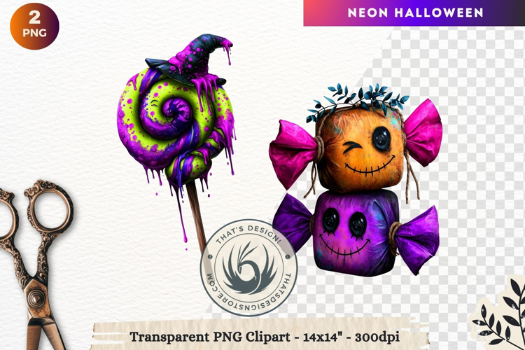 Neon Halloween Character Clipart Spooky Kawaii treats PNG