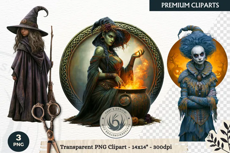 Dark Fantasy Halloween Witches Clipart PNG sublimation