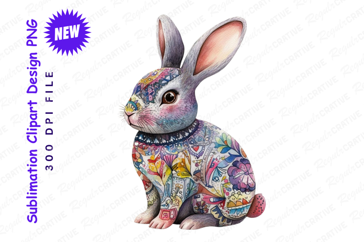 Watercolor Rabbit With Colorful Pattern Detailed Clipart