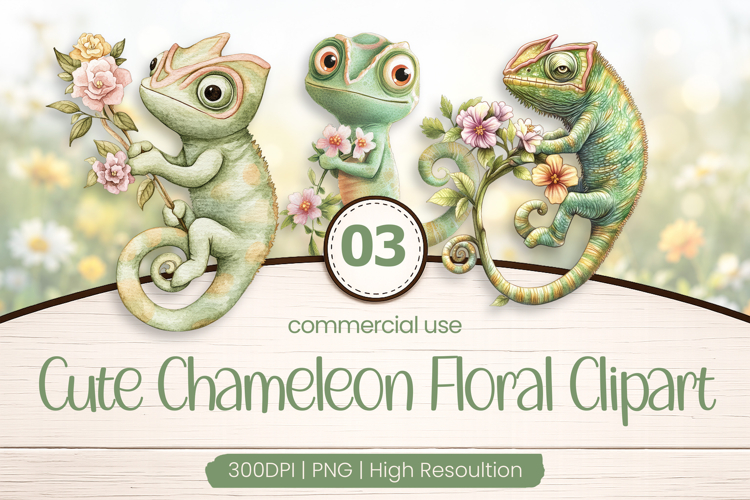 Cute Chameleon Floral Clipart PNG