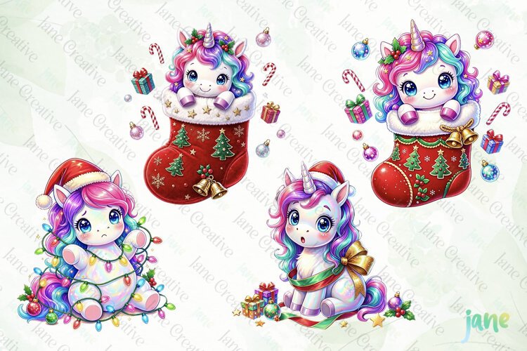 Cute Christmas Unicorn Clipart example image 1