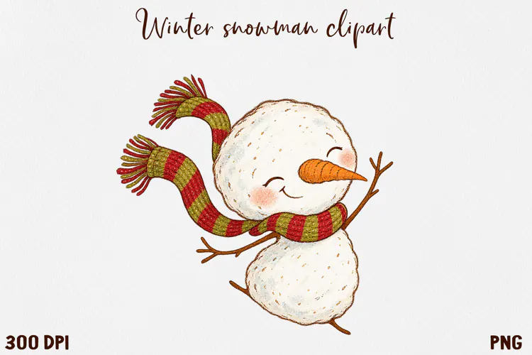 Cute Winter Snowman Clipart, Cozy Christmas Snowman PNG.