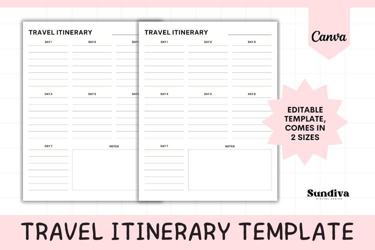 Travel Itinerary Editable Template 1 | Travel Planner