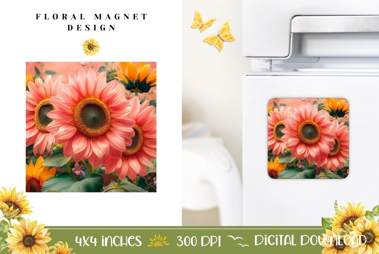 Flowers Magnet PNG, Pink Sunflowers Magnet Sublimation