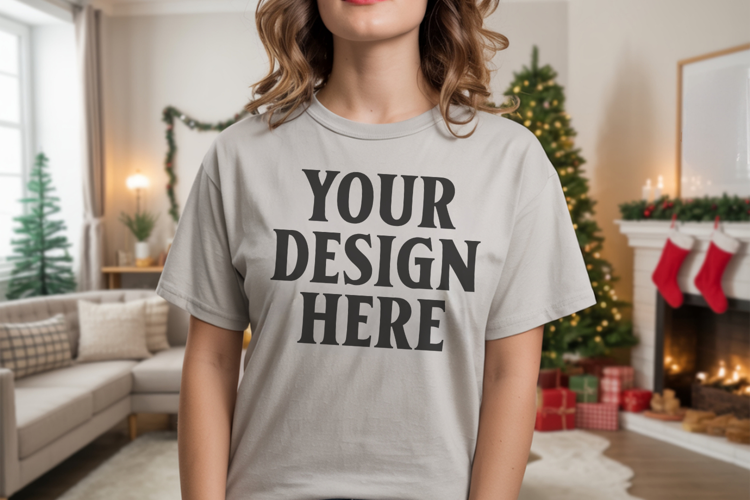 Comfort Colors 1717 Grey Christmas T-Shirt Mockup, Boho