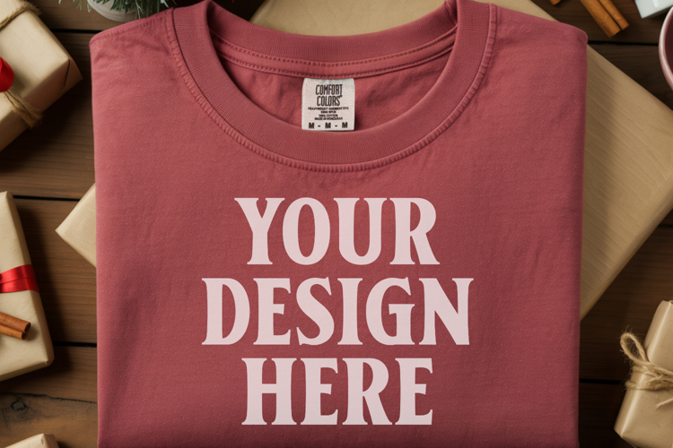 Crimson Comfort Colors 1717 Christmas Folded T-Shirt Mockup