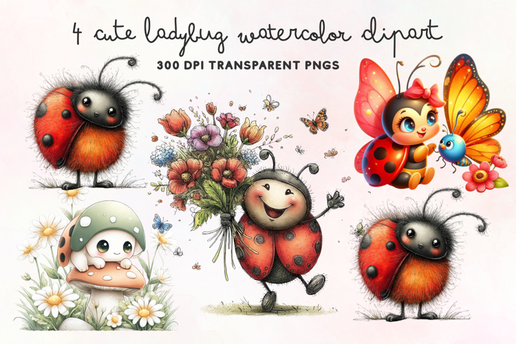 Cute Ladybug Watercolor Clipart PNG