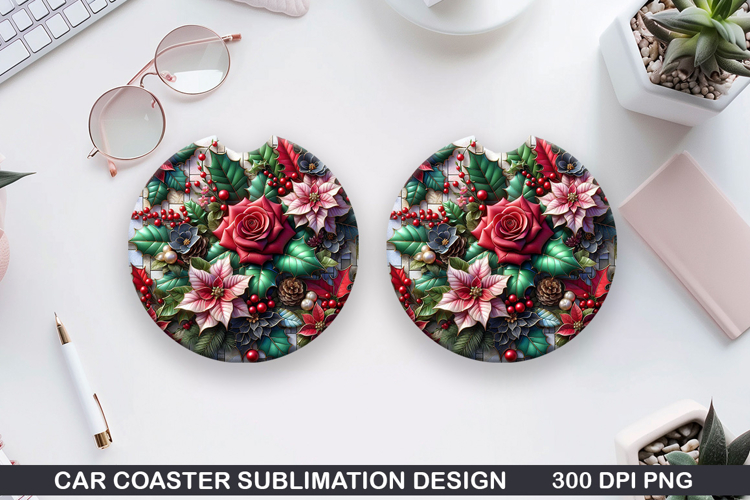 Roses Flower Car Coaster Sublimation|Christmas Coaster PNG