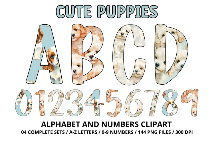 Cute Puppies Alphabet PNG, watercolor Letters & Numbers