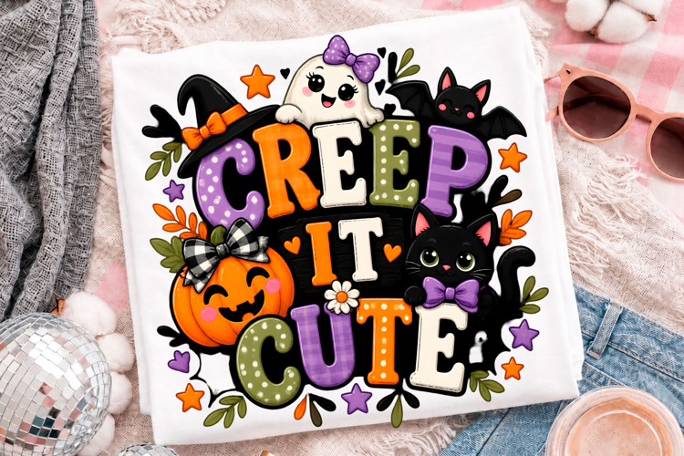 Creep It Cute Halloween Black Cat Pumpkin T-Shirt Design