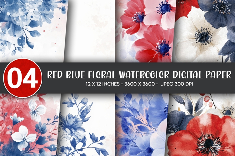 Red Blue Floral Watercolor Digital Paper