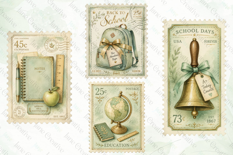 Vintage Back to School Postage Stamp Clipart