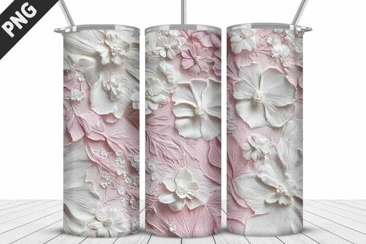 3D White Flowers Tumbler Wrap | Sublimation Design | Tumbler