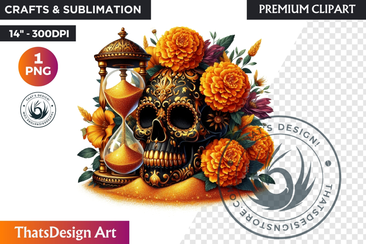 Floral Black Gold Sugar Skull Day of the Dead Clipart PNG