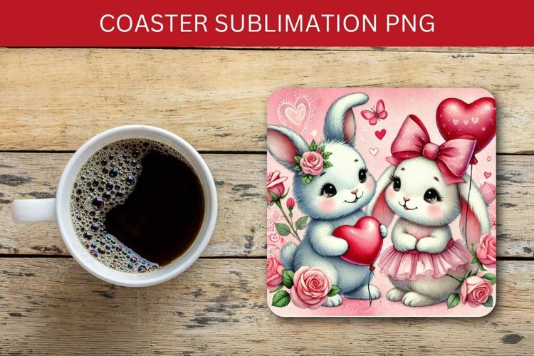 valentine square coaster - rabbit bunny couple example image 1