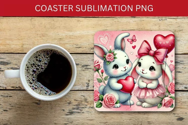valentine square coaster - rabbit bunny couple