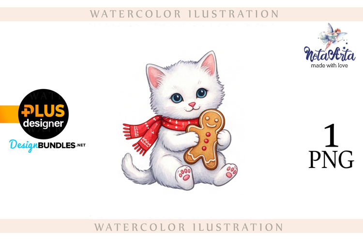 Christmas Kitten in Watercolor Style