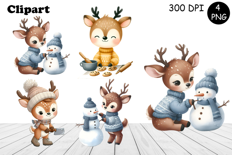 Christmas deer animals winter Watercolor Clipart