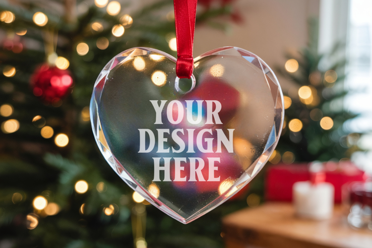 Christmas Heart Crystal Glass Ornament Mockup | Clear Heart