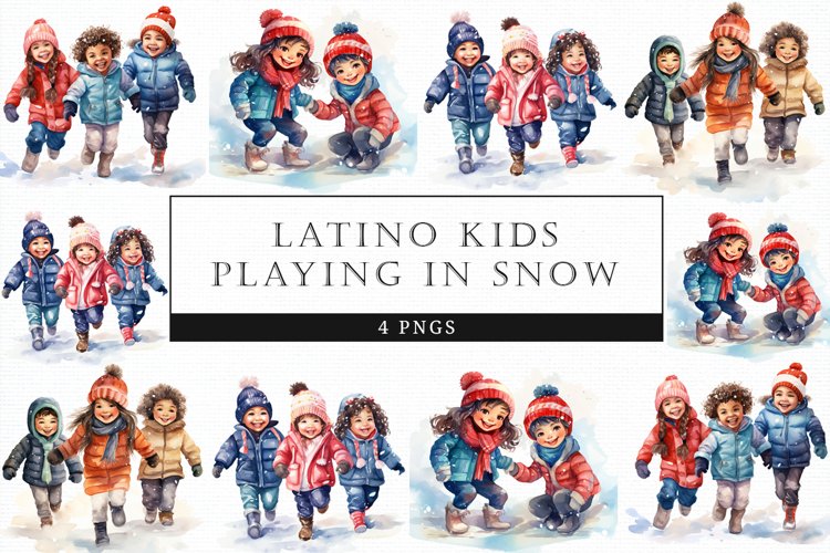 Latino Kids playing in snow Watercolor Christmas