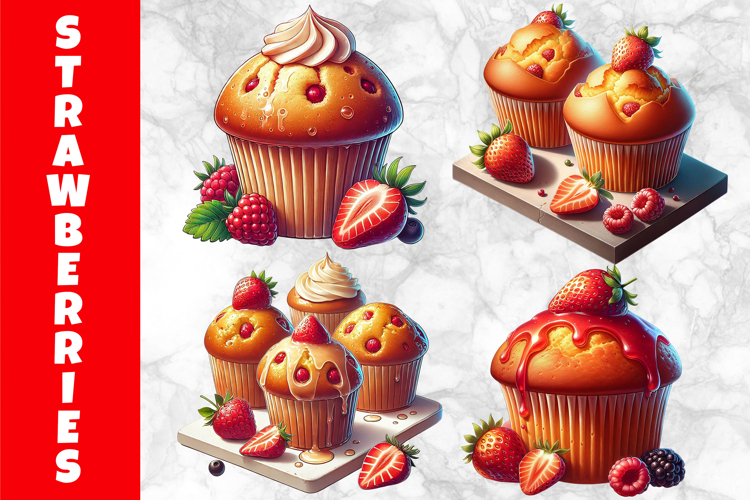 Strawberry Muffin Clipart, Sweet Bakery Illustration