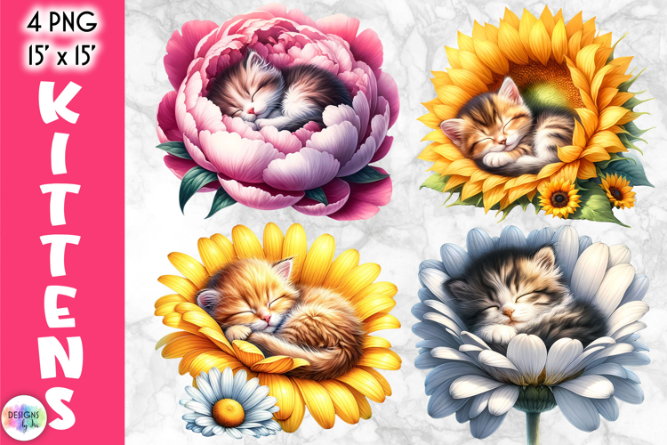 Cute Floral Cat Illustrations, Kittens in Flowers Clipart