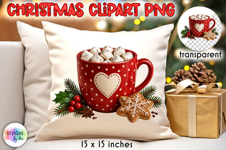 Red Heart Christmas Cocoa Mug and Cookies PNG