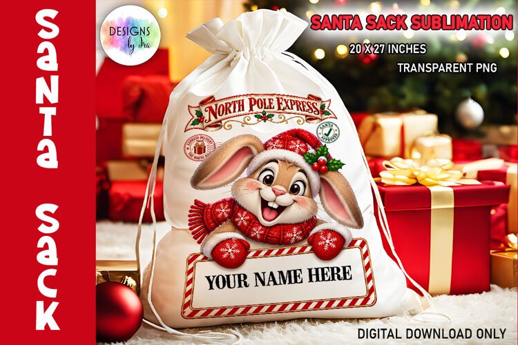 Christmas Bunny Santa Sack Sublimation PNG example image 1