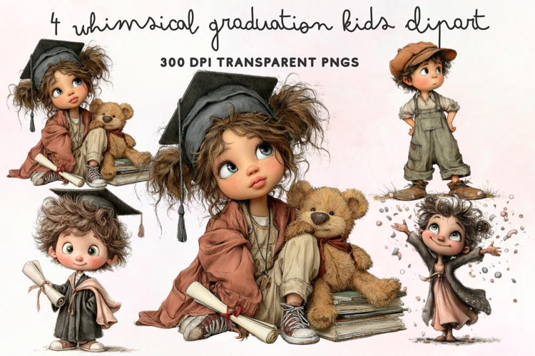 Whimsical Graduation Kids Clipart PNG