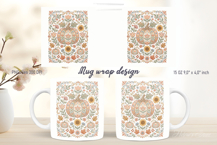 Pumpkin pattern mug wrap design png | Cute autumn flowers