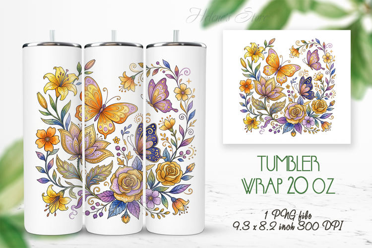 Fantasy floral meadow straight tumbler 20oz wrap design png