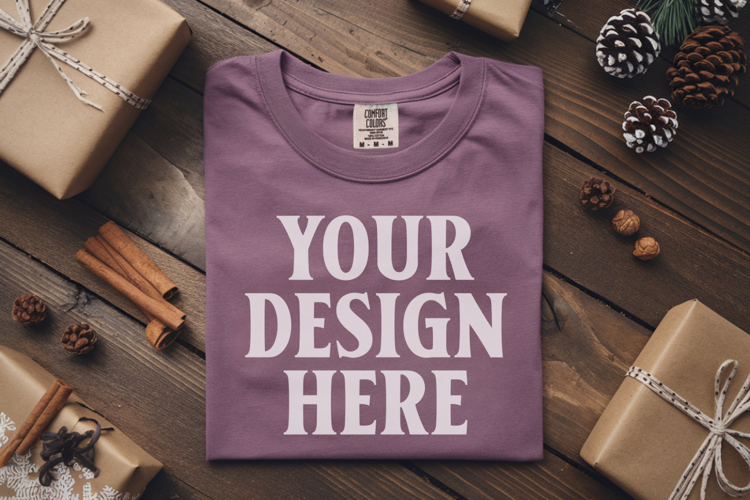Orchid Comfort Colors 1717 Christmas Folded T-Shirt Mockup