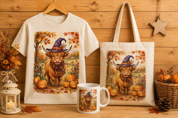 Highland Cow in Witch Hat Fall Autumn Farm Art Print