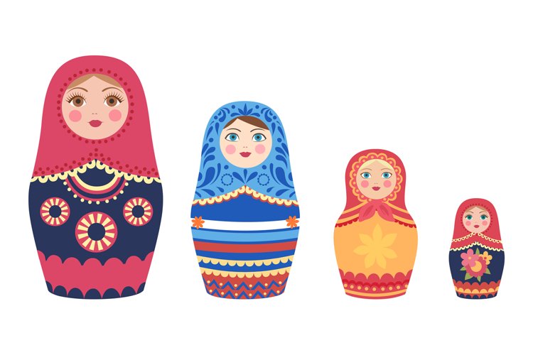 Decorative russian dolls. Matryoshka dolls, flat tourist sou