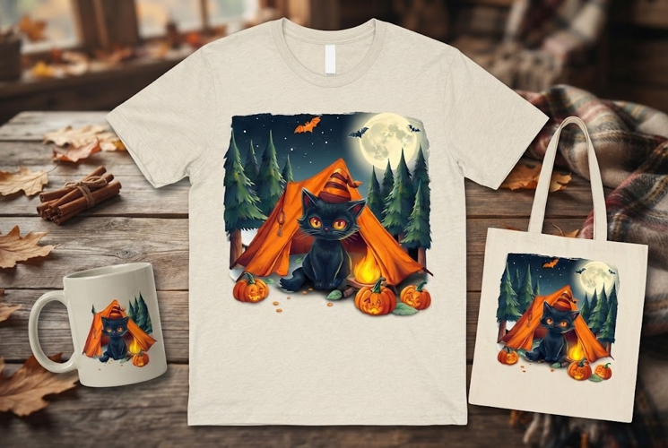 Cute Black Cat Camping Halloween Design