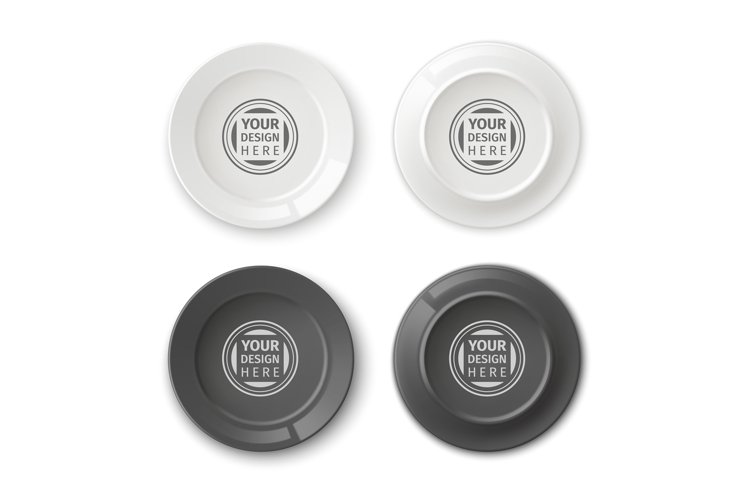 Realistic plates text mockup. Empty dishes with logos. Top a
