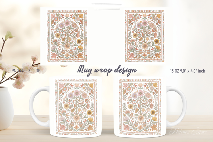 Farmhouse pattern mug wrap design png | Cute autumn flowers