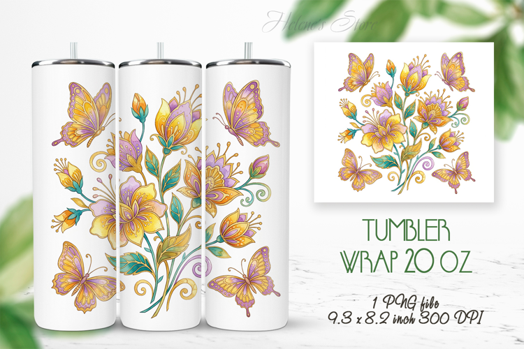 Fantasy floral meadow straight tumbler 20oz wrap design png