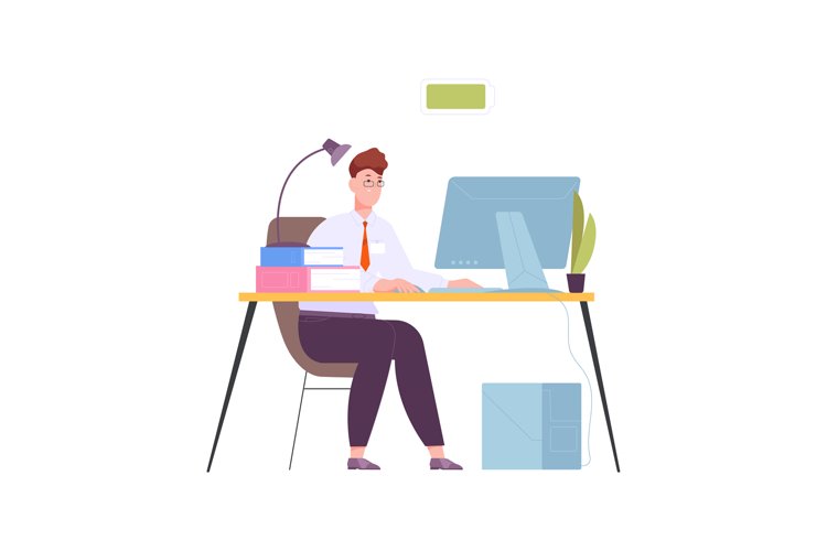 Office worker full of energy. Cartoon employee at computer,