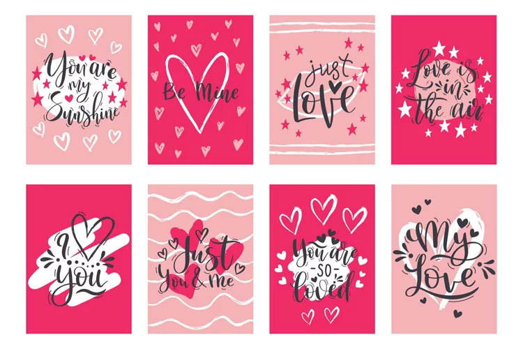 Valentines day, romantic handwritten lettering quotes cards.