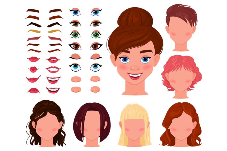 Cartoon girl face constructor, woman character avatar creato example image 1