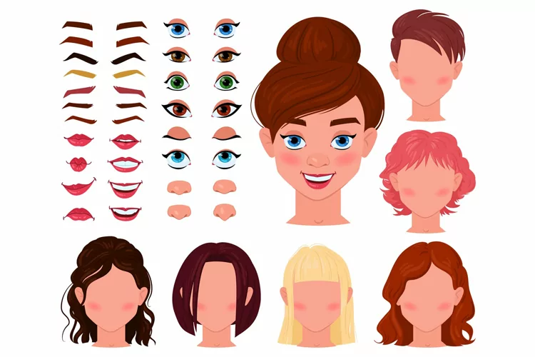 Cartoon girl face constructor, woman character avatar creato