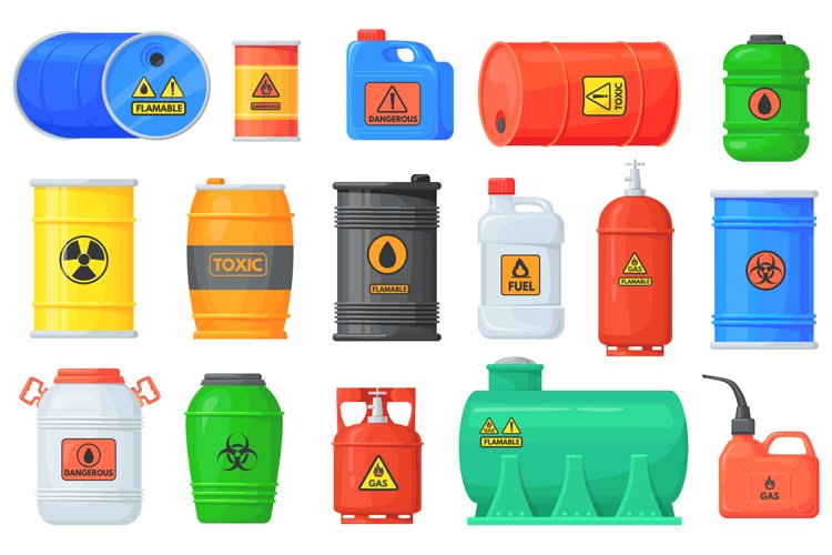 Flammable waste. Safety drum container with chemical explosi