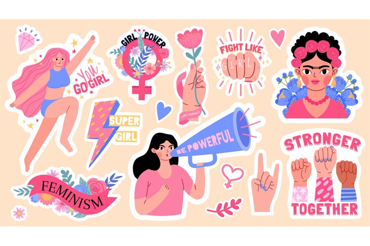 Cartoon stickers with feminism symbol and quote, girl power. example image 1