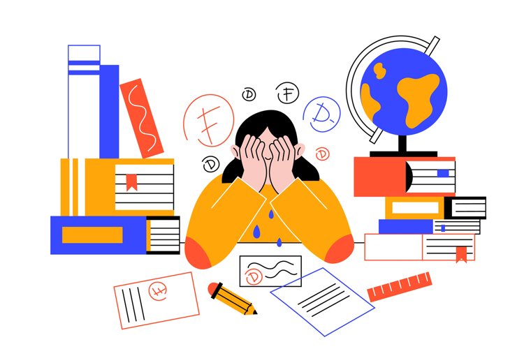 Teens problems. Unhappy student at lessons. Information exce example image 1