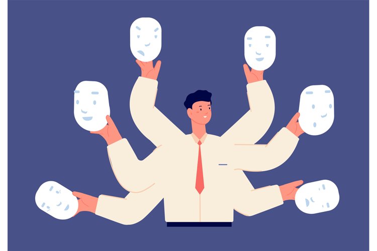 Fake businessman faces. Different mood, liar in business. Of example image 1