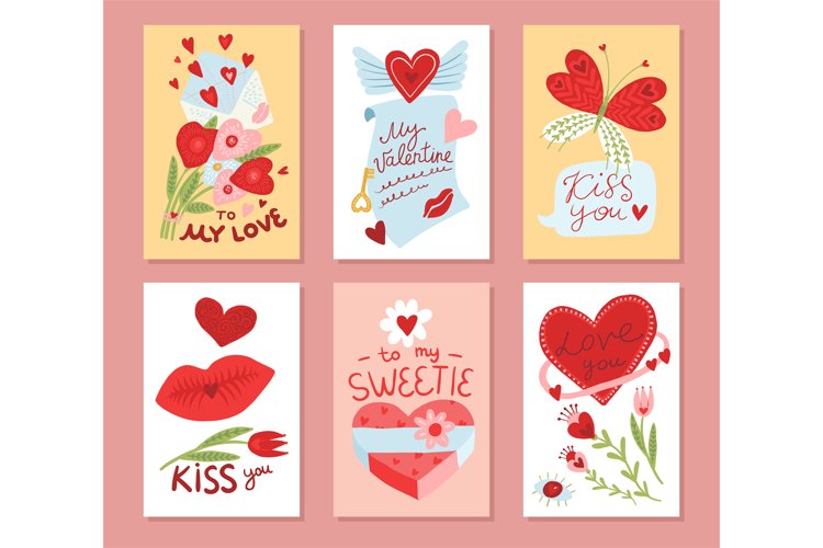 Cute Valentine day cards. Romantic greeting postcards. Love
