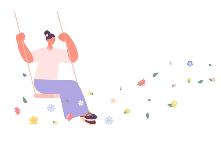 Spring vibes. Girl on swing in flowers flow. Summer vacation